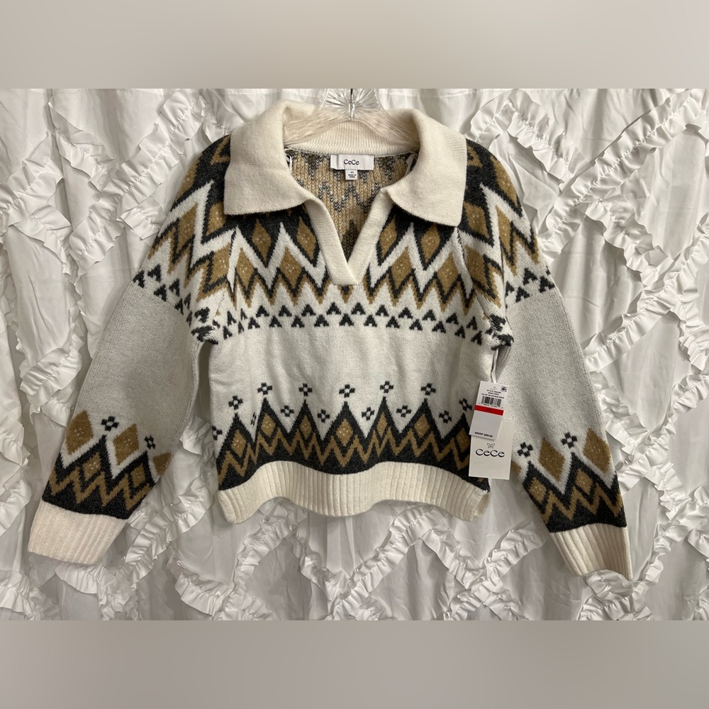 NWT - CeCe Fair Isle V-Neck Sweater in Antique White (Cream/Brown)